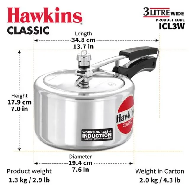 Hawkins Classic Aluminium Inner Lid Pressure Cooker - Wide, Induction Base, With Handle, Silver, CL3W, 3 l-4.webp